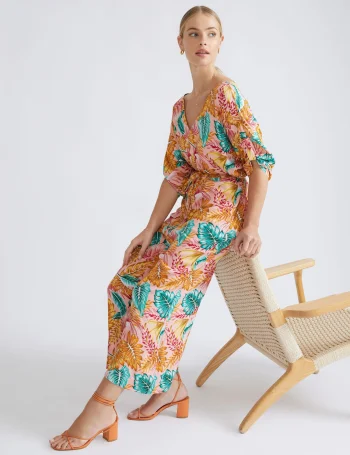 Pink Tropical Ankle Length Double V Wide Leg Jumpsuit