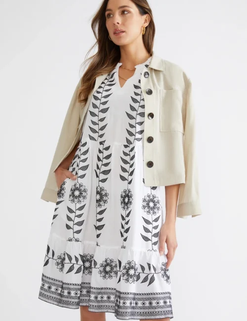 Embroidered Tiered Shift Dress