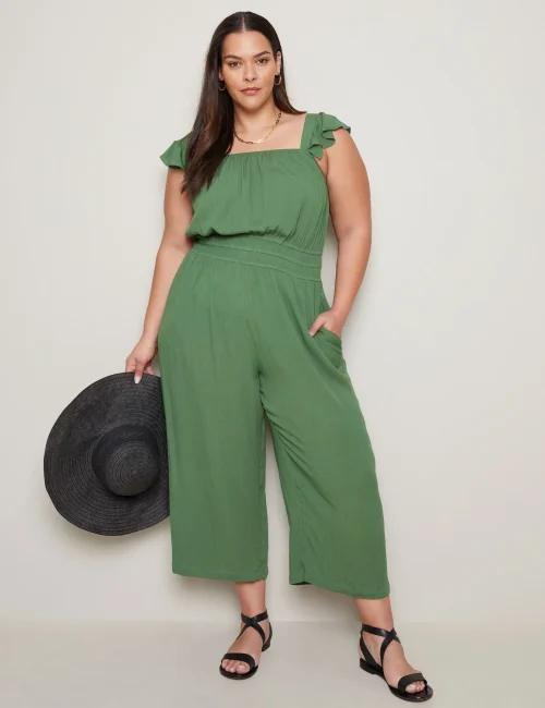 Green Textured Jersey Frill Sleeve Summer Jumpsuit
