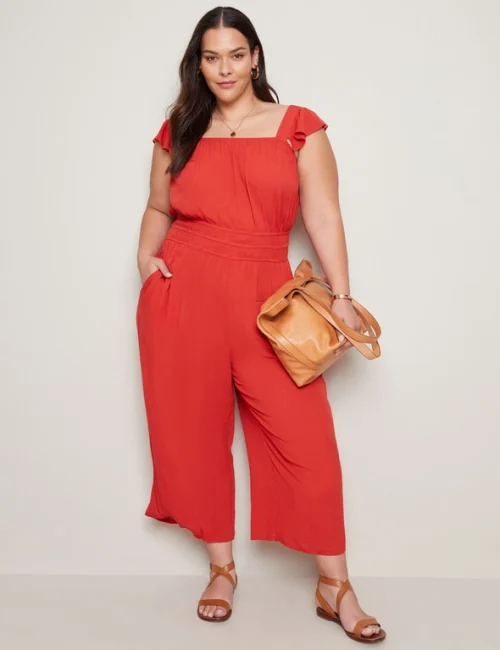 Rust Textured Jersey Frill Sleeve Summer Jumpsuit